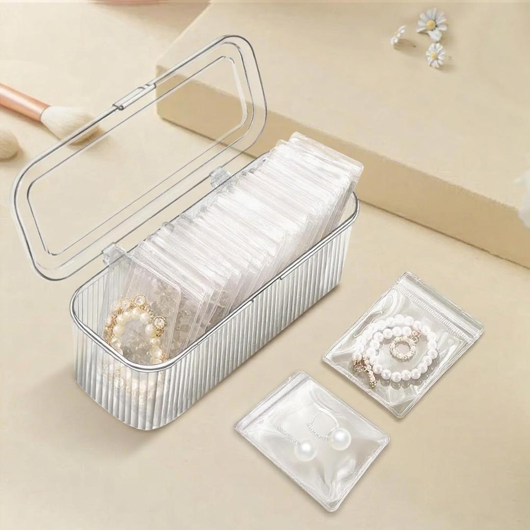 Acrylic Jewelry Organizer Box with 20 Anti Tarnish Bags, Travel Jewelry Case for Women, Portable Clear Storage for Earrings, Rings, Necklaces - Ideal Gift for Girlfriend, Wife, Mom