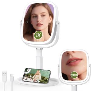 Height Adjustable Lighted Makeup Mirror with Lights and Magnification, 1X 20X Magnifying Mirror with Light 4000mAh Rechargeable, Tray Base and Phone Stand for Desk, Gifts for Women (White)