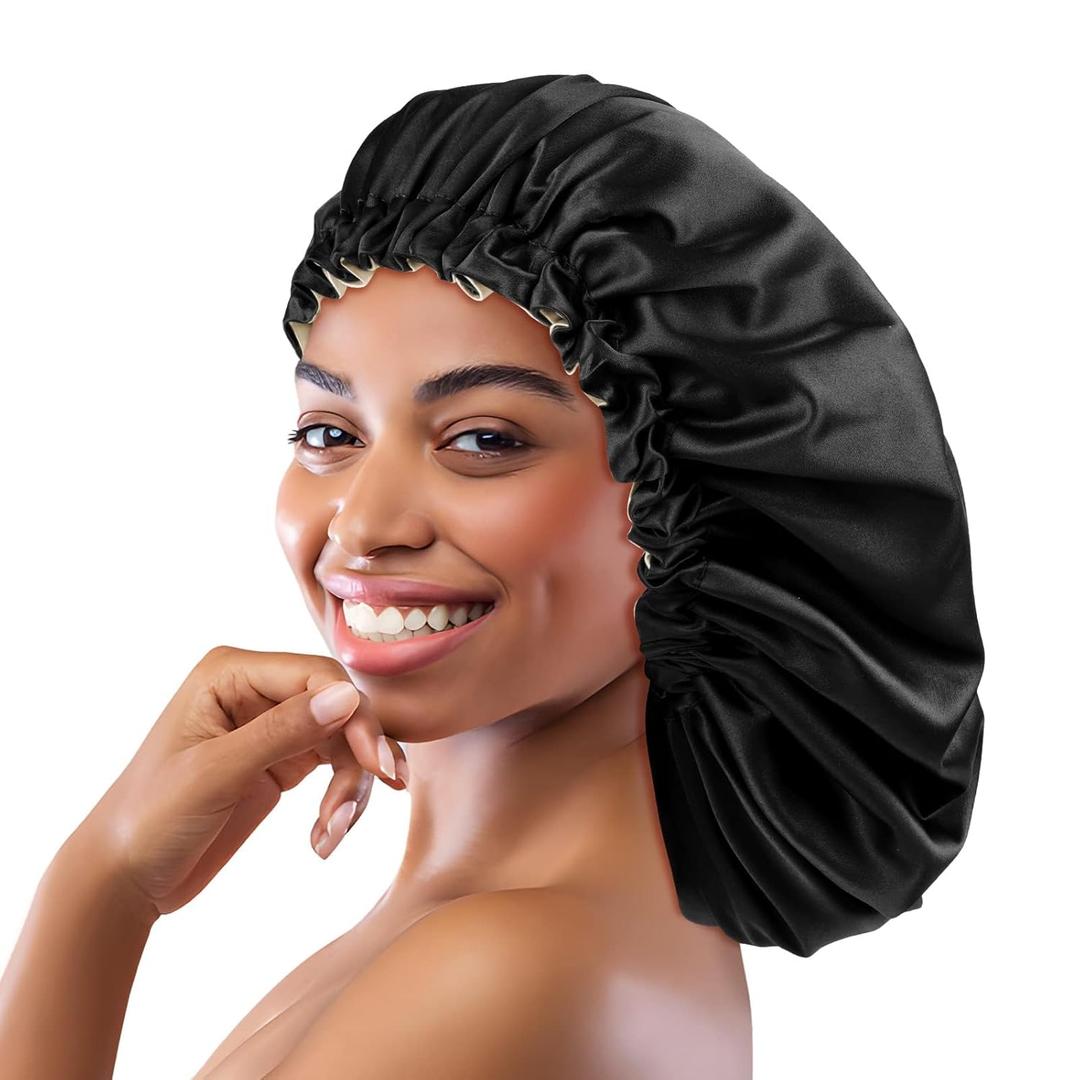 2 x Silk Satin Bonnet for Sleeping Women - Hair Bonnet for Curly Frizzy Hair Care, Adjustable Sleep Cap, Double Layer Head Hair Wrap, Black (Large)
