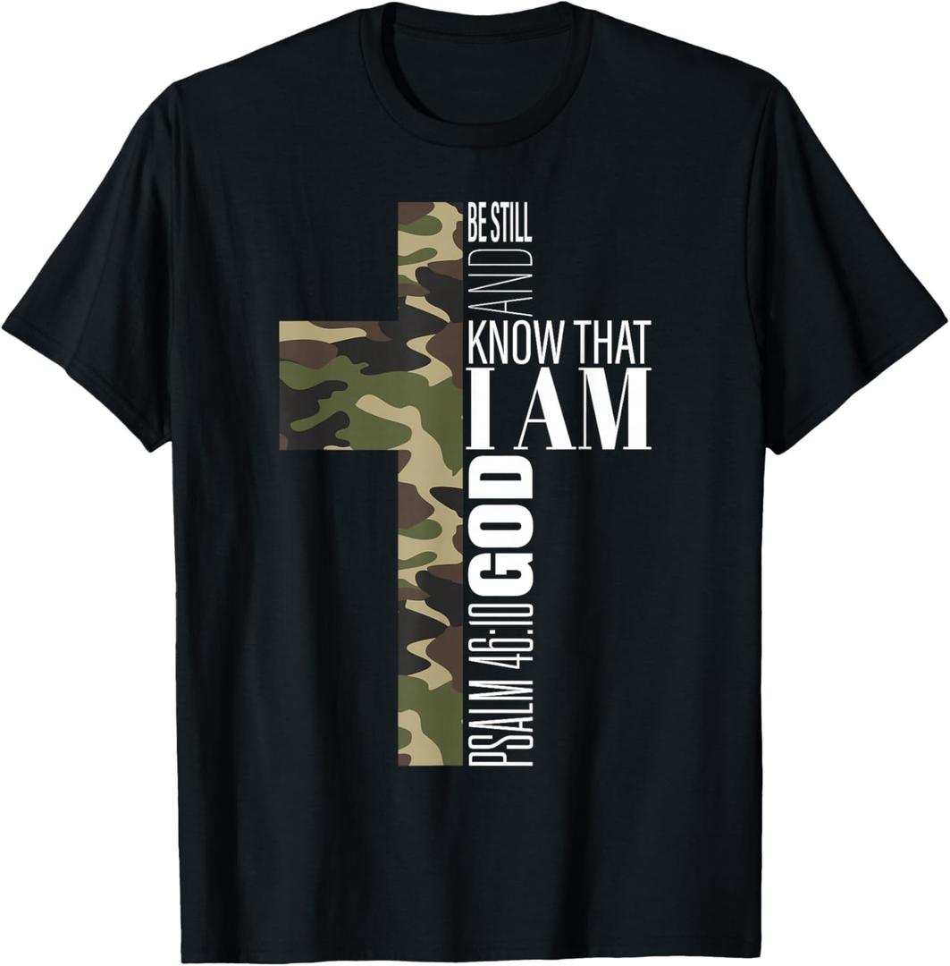 Be Still and Know God Christian Bible Verse Green Camo Cross T-Shirt, 4X