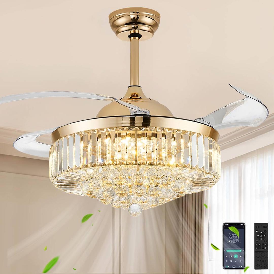 48 Inch Fandelier Ceiling Fan with Light, Chandelier Ceiling Fan for Bedroom Living Room, LED Dimmable, 6-Speed Reversible Motor, Timer & Memory Function-Gold