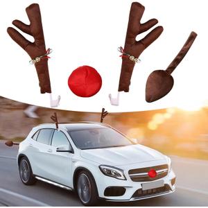 Car Reindeer Antler Kit - Nose and Tail, Premium Christmas Holiday Decoration Accessories, Universal for Cars (Brown & Red)