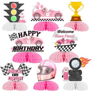 Pink Racing Car Birthday Party Decorations for Girls - 8PCS Race Car Honeycomb Centerpieces, Vintage Retro Let's Go Racing, Race on Over Welcome Race Fans Birthday Party Decorations