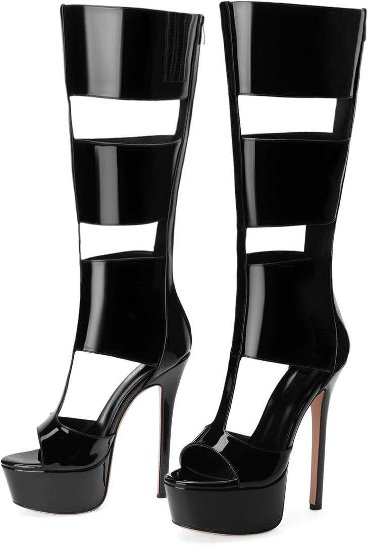 FancyQueen Platform Knee High Heels for Women, Gladiator Open Toe Summer Boots Black Heels Sandal, Sexy Style Casual for Party (Black) 8, Black Patent