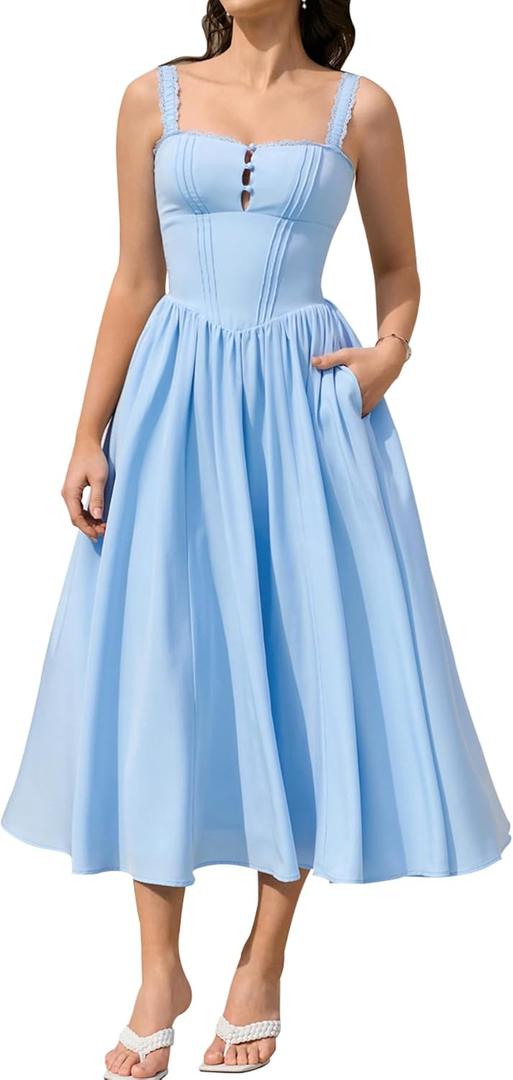KUTUMAI Women Summer Corset Midi Dress Floral Lace Smocked Flowy A Line Wedding Guest Bridal Shower Dresses with Pockets (Blue, XS)