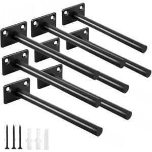 8 Pcs 6" Black Solid Steel Floating Shelf Bracket Blind Shelf Supports - Hidden Brackets for Floating Wood Shelves - Concealed Blind Shelf Support  Screws and Wall Plugs Included