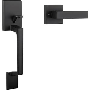 Haidms Matte Black Front Door Handle, Single Cylinder Exterior Door Entry Handle with Door Lever, Entry Door Handle Set, Reversible for Right and Left Handed Sided Doors (Square Door Handle)