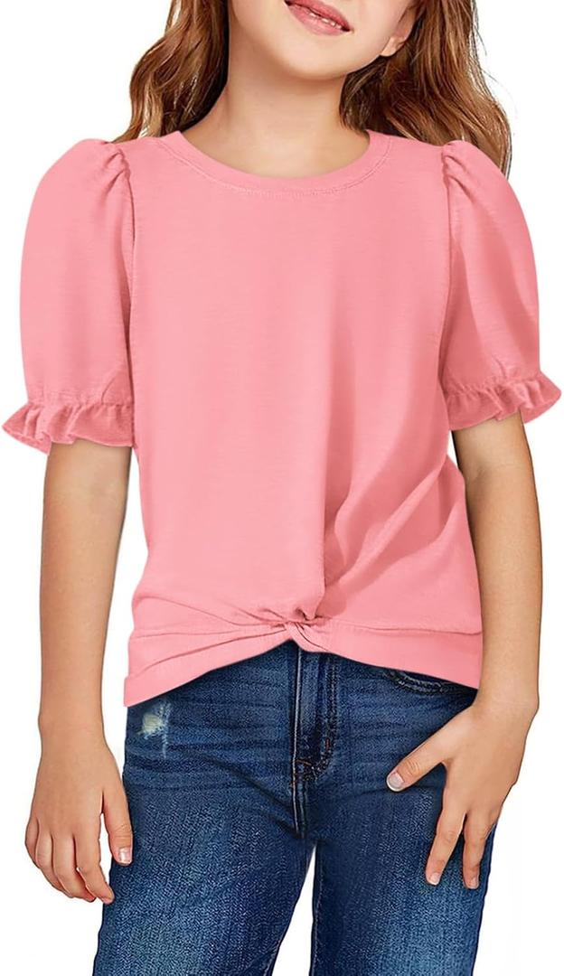 Yousify Girls Shirts Summer Cute Short Sleeve Basic Tops Twist Front Casual Ruffle Plain Round Neck Tee Shirt Tunic Pink 7-8 Years