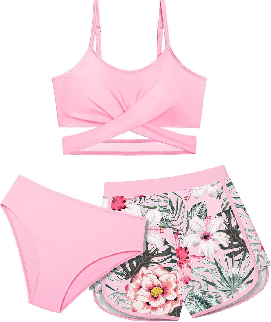 Girls Swimsuit 3 Piece Bathing Suit Criss Cross Bikini Set Girls' Swimwear with Shorts, 11-12Y