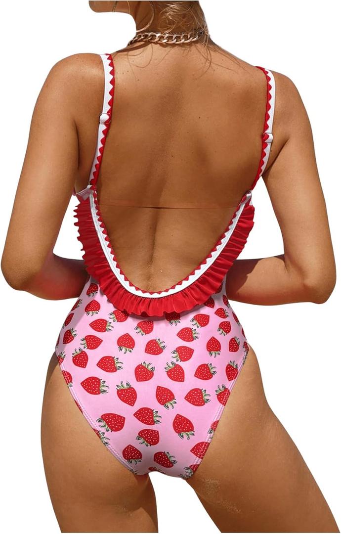 Verdusa Women's One Piece Swimsuit Cut Out Ruffled Open Back Spaghetti Strap Swimwear (Large)