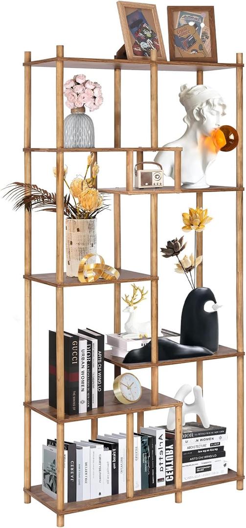 7 Tier Bookshelf, 64 Inch Tall Shelf with 9 Open Back Shelves, Vintage Wood for Bedroom, Living Room and Home Office