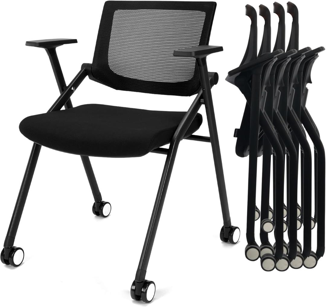 2 Pack Stackable Conference Room Chairs with Wheels and Paddle, Ergonomic Mesh Back and Arms for Meeting, Conference, Reception, Training Room & Home Office Desk Folding Chairs