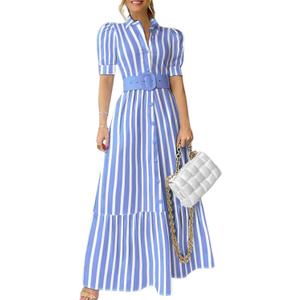 utcoco Womens Striped Button Down Shirt Dress Casual Puff Short Sleeve Ruffle Hem Maxi Dresses with Belt (XX-Large, Blue) 