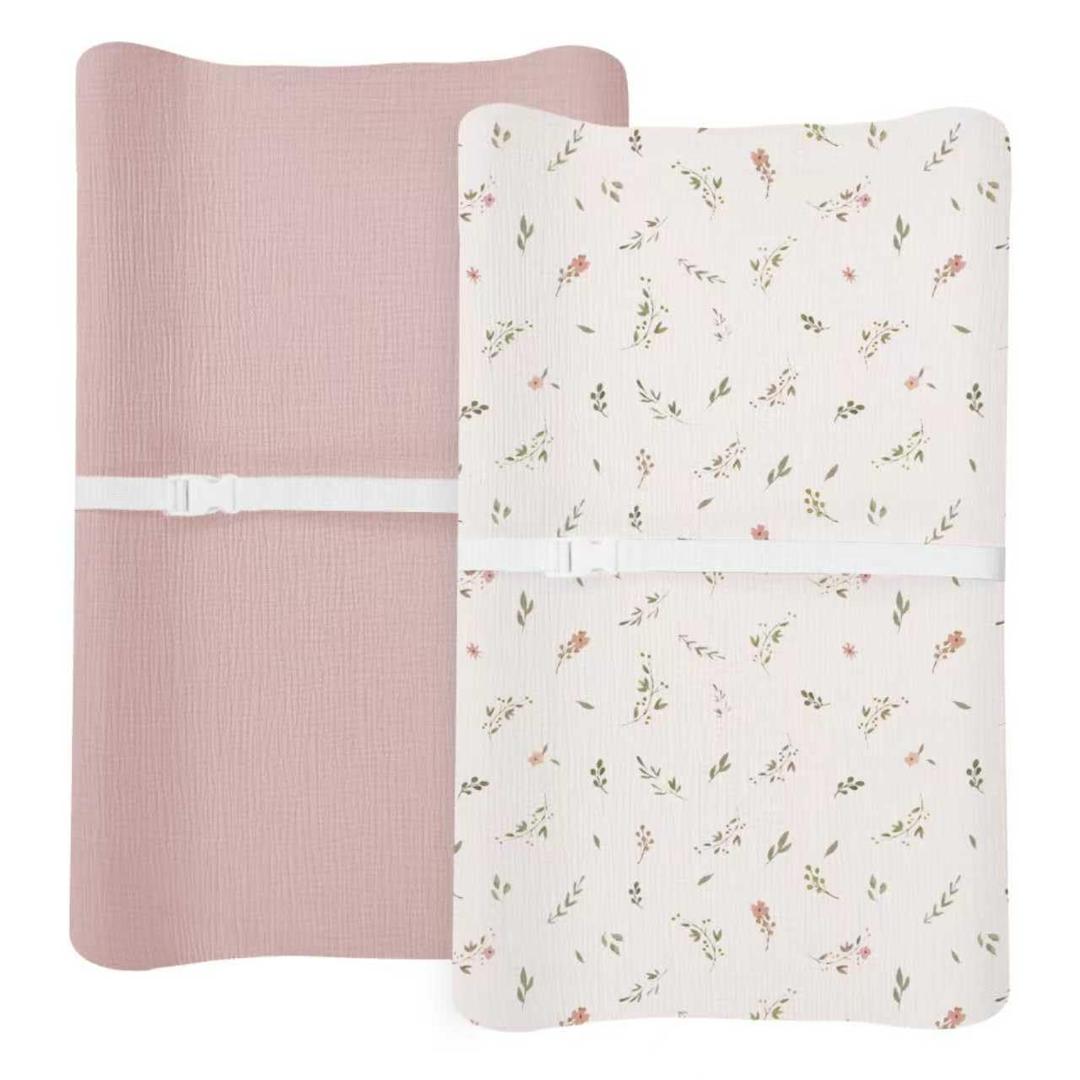 Changing Pad Cover for Baby Boy Girl 2 Pack, Muslin Changing Table Pad Covers with Boho Style, Neutral Nursery Bedding Essentials Soft and Breathable(Petal Leaf & Pink)