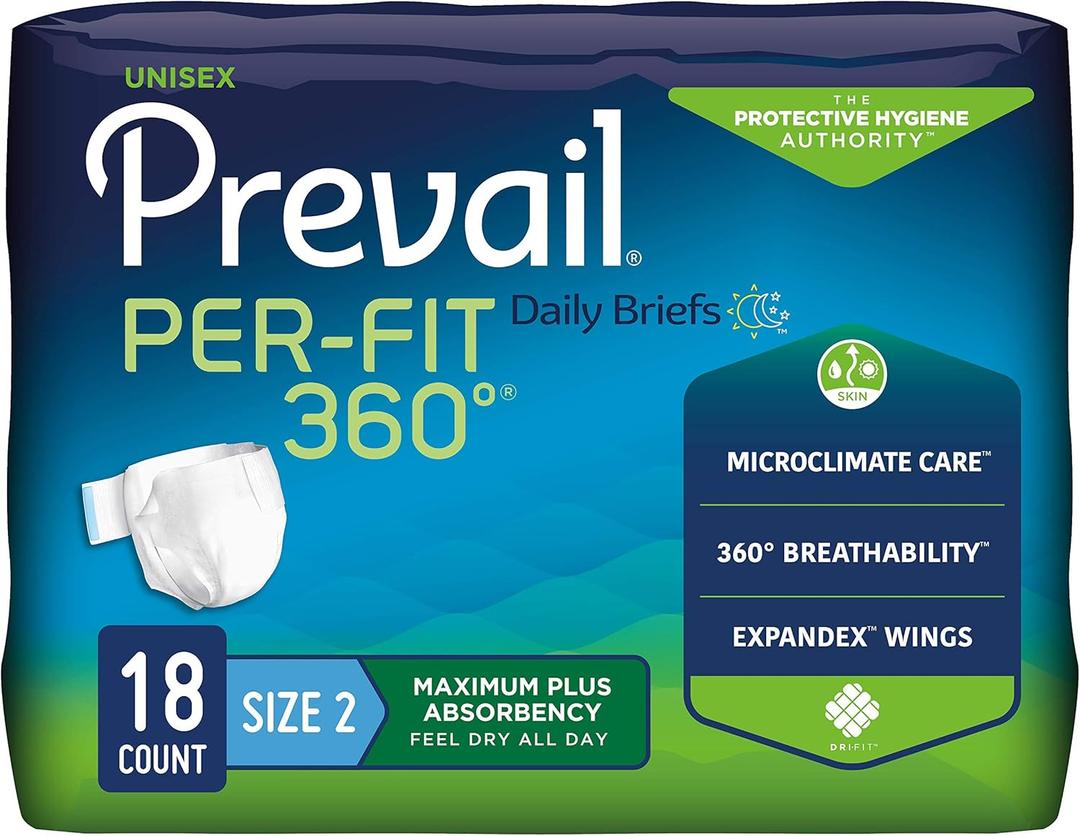 Prevail Per-Fit 360 Daily Incontinence Briefs - Unisex Adult Incontinence Briefs with Tabs - Disposable Adult Diaper for Men& Women - Maximum Plus Absorbency - Size 2, 18 Count Bag