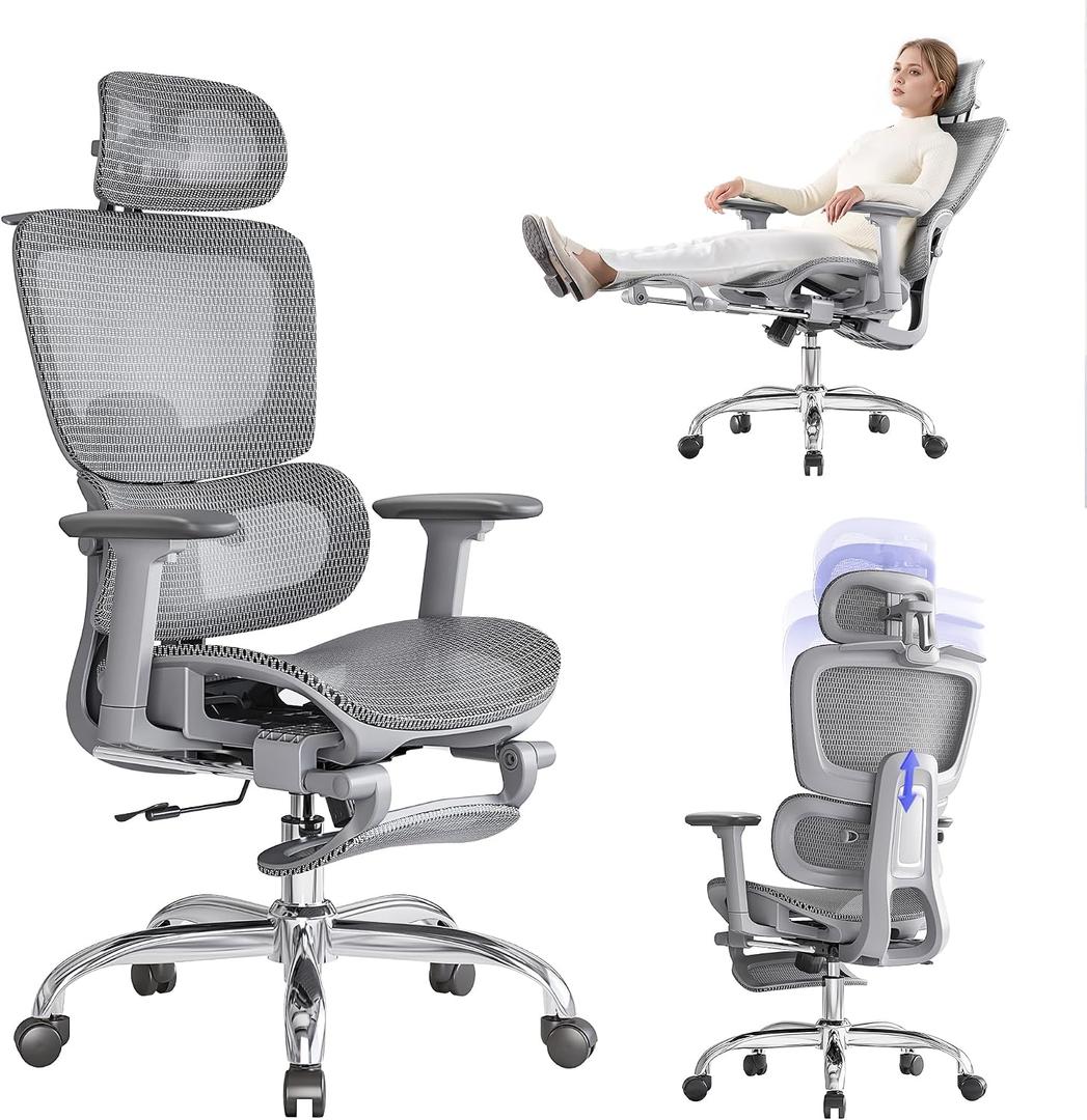 Office Chair with Footrest, Ergonomic Chair with 3D Headrest, Computer Chair with Adjustable Backrest & 3D Armrest, Gaming Chair with Adaptive Lumbar Support, Mesh Backrest & Cushion, Grey, 19.7 inches x 18.9 inches x 48 inches