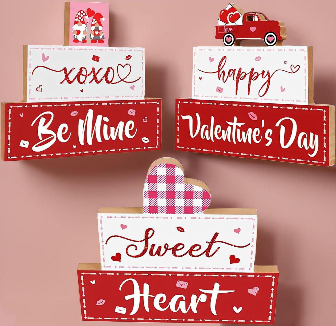 3PCS Valentines Day Centerpiece for Table, Wooden Valentine Day Table Decor for Home, Wood Happy Valentine's XOXO Be Mine Sweet Heart Sign Tabletop Decorations, Valentine's Day Presents Wood Love Heart Desk Decoration