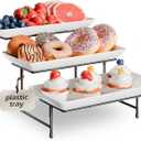 3 Tier Plastic Serving Tray for Party, 11.5" x 5.6" Platters for Serving Food, Microwave-Safe, White Reusable Trays with Black Metal Display Stand for Cupcakes, Sevring Food, Dessert, Fruit, Black