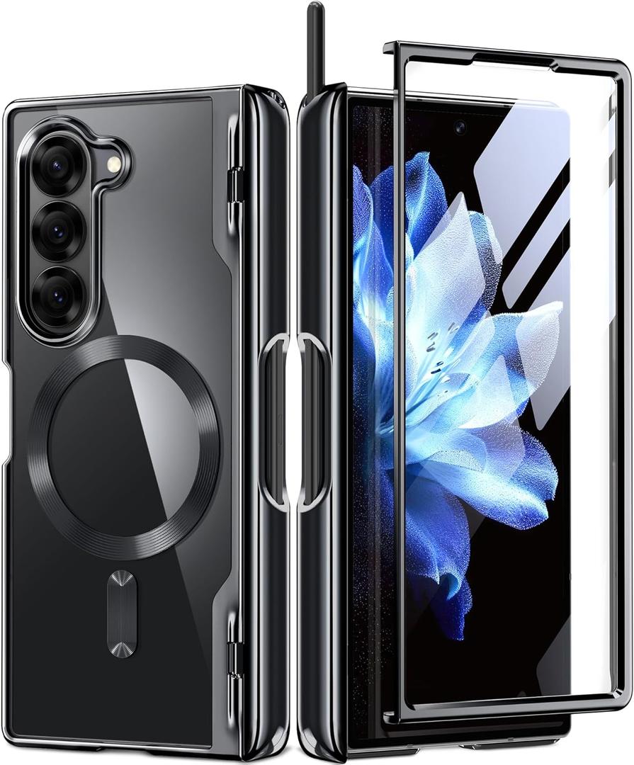 BERFY Upgraded Magnetic for Z Fold 6 Case with S Pen Holder, Compatible with Magsafe,[Built-in Screen Protector & Hinge Protection] Full-Body Plating Slim Phone Case for Samsung Galaxy Z Fold 6, Black
