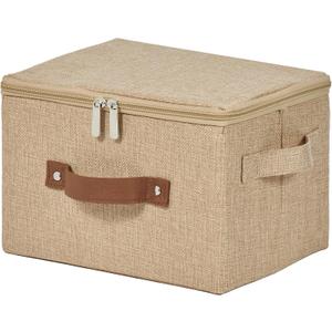 Storage Bins with Zipper Lid Cotton Linen Fabric Lidded Storage Baskets Boxes Foldable Washable Closet Shelf Clothes Organizer Container with PU Leather Handles (Linen, Small)