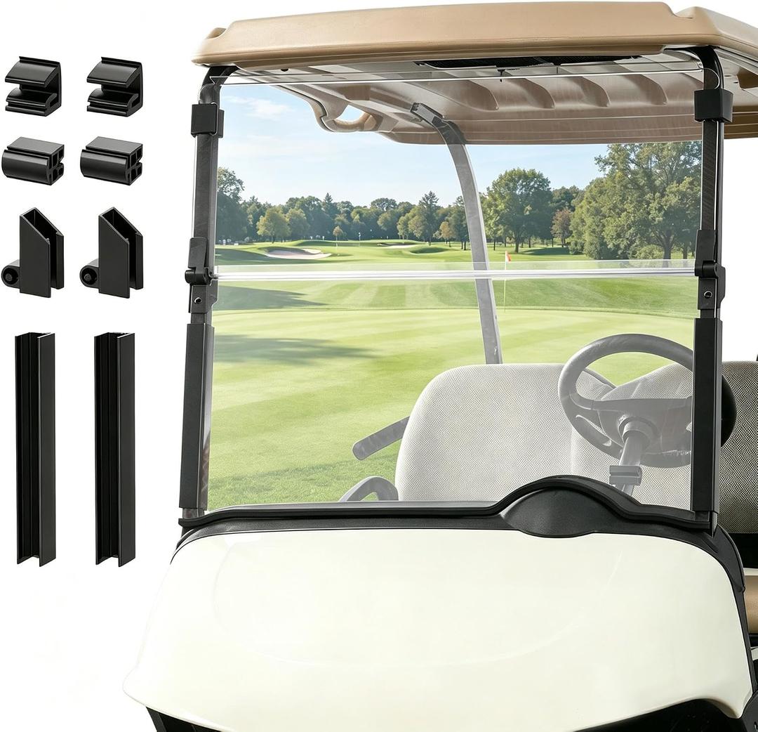 Golf Cart Windshield, EZGO RXV Windshield Suitable for 2008-Up EZGO RXV Golf Cart, Clear Folding Windshield Replacement with Windshield Clips, PC UV Resistant