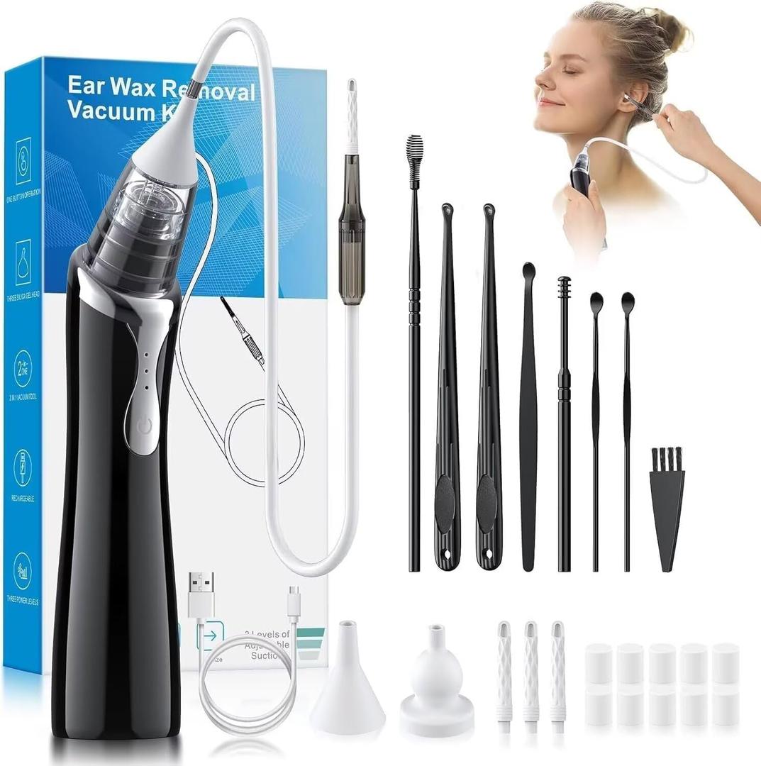 Ear Vacuum Wax Removal Tool with 8 Pcs Ear Pick, Strong Suction Earwax Removal Kit with Charging Cable, Ear Suction Device for Adults and Kids (Black)