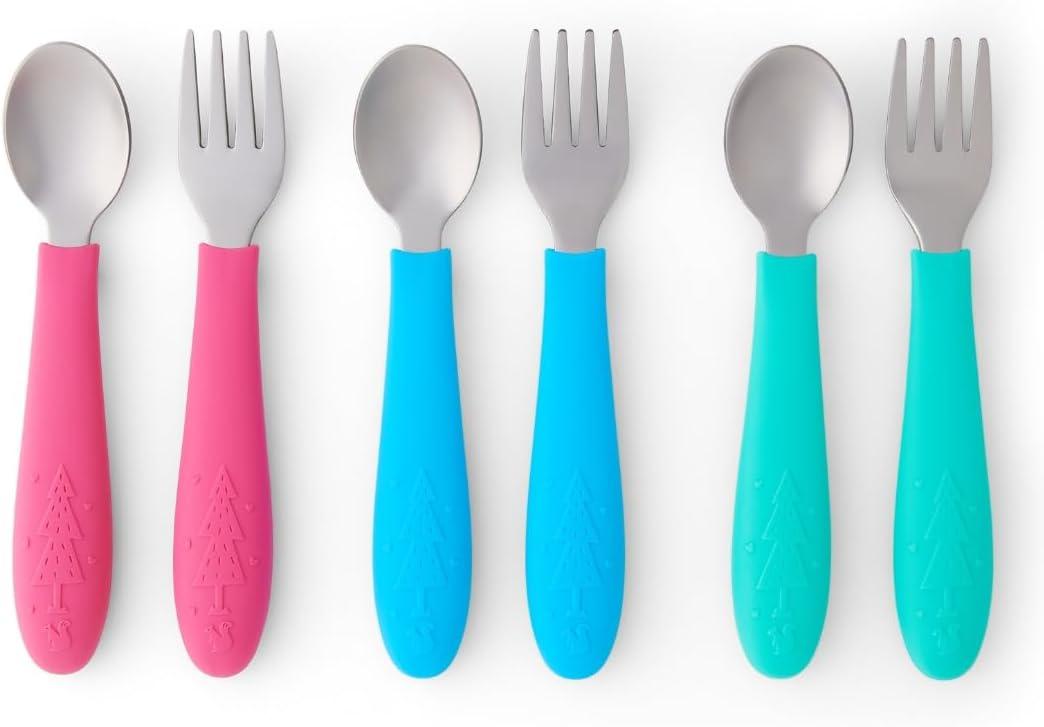 Elk and Friends Kids Silverware with Silicone Handle | Childrens Safe Flatware | Toddler Utensils | Baby Spoons + Forks | Stainless Steel Cutlery | Dishwasher Safe | 6 Pieces (Pink/Teal/Blue)