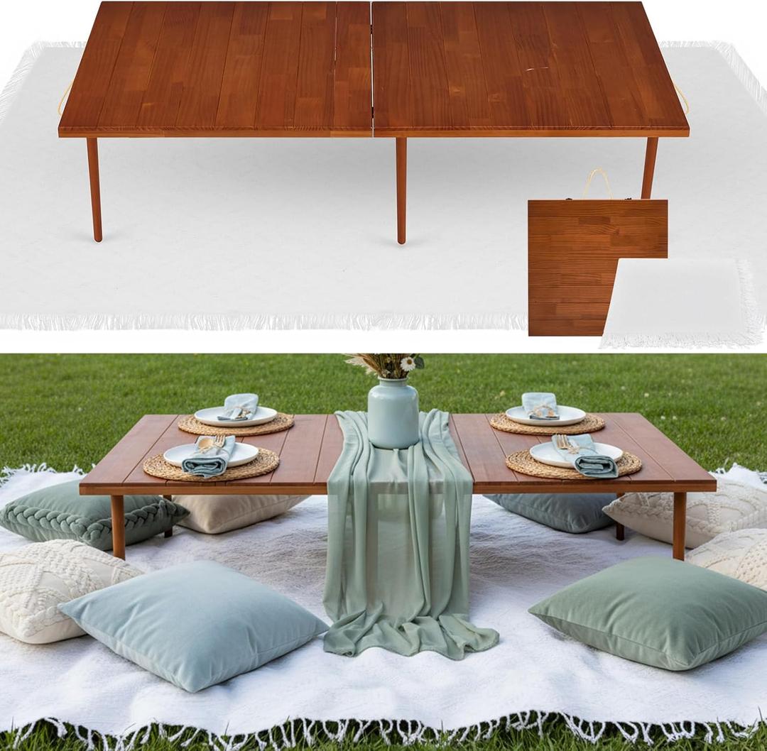 Hahafelt 1 Set Low Picnic Table, Foldable Boho Picnic Table with Extra Large Outdoor Camping Blanket Portable Boho Wood BBQ Tables for Camping Wedding Beach BBQ Party (44 x 22",Brown)