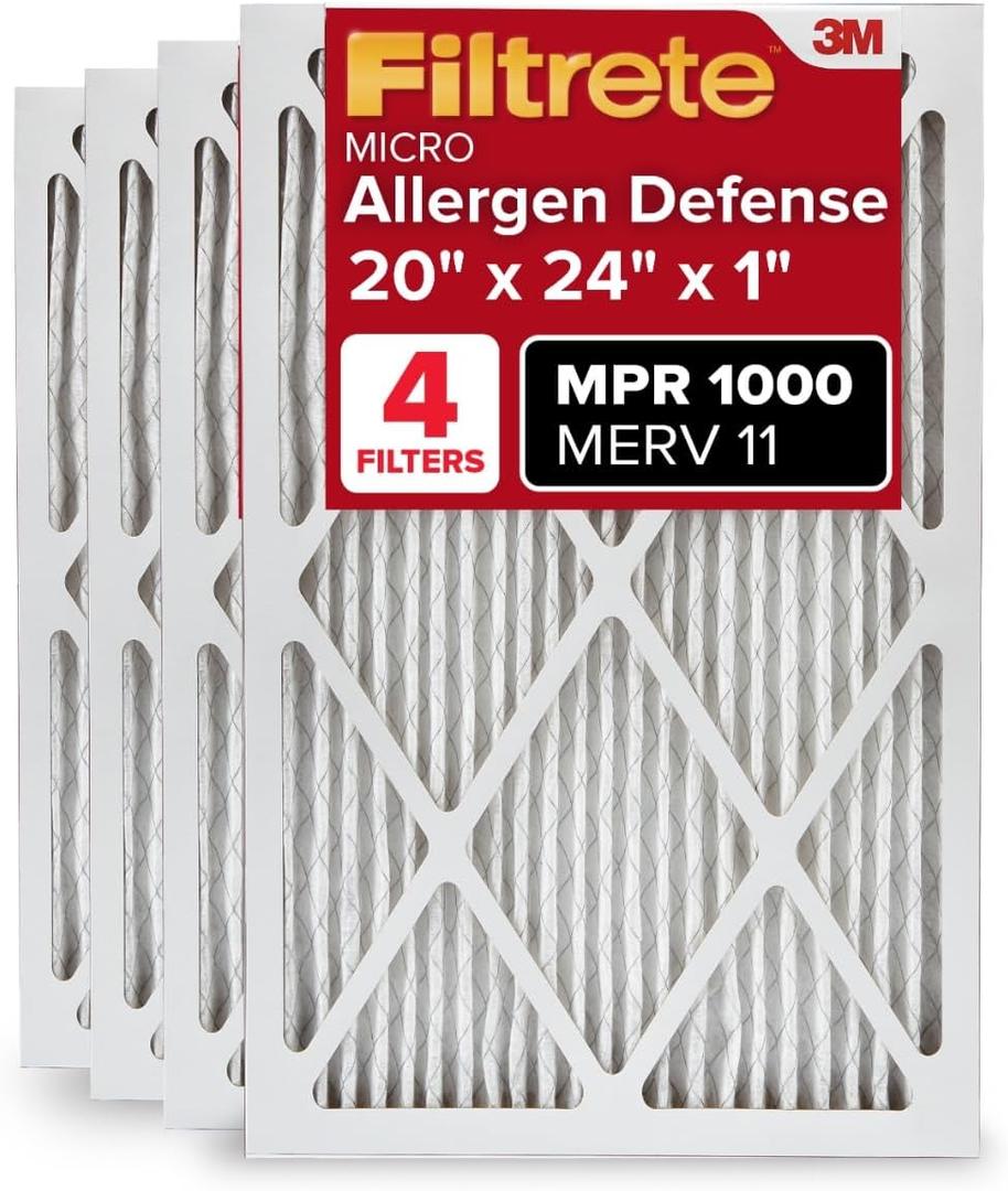 Filtrete 20x24x1 AC Furnace Air Filter, MERV 11, MPR 1000, Micro Allergen Defense, 3-Month Pleated 1-Inch Electrostatic Air Cleaning Filter, 4 Pack (Actual Size 19.81x23.81x0.81 in) Filtrete 20x24x1 AC Furnace Air Filter, MERV 11, MPR 1000, Micro Allergen Defense, 3-Month Pleated 1-Inch Electrostatic Air Cleaning Filter, 4 Pack (Actual Size 19.81x23.81x0.81 in)