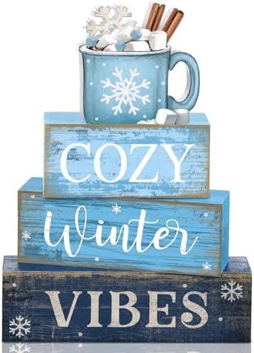 Lineshading 4 Pcs Winter Table Decoration Wooden Hot Cocoa Decor Winter Tiered Tray Decor Christmas Centerpiece Rustic Decorative Hot Cocoa Block Sign Farmhouse Christmas Decoration for Home Kitchen