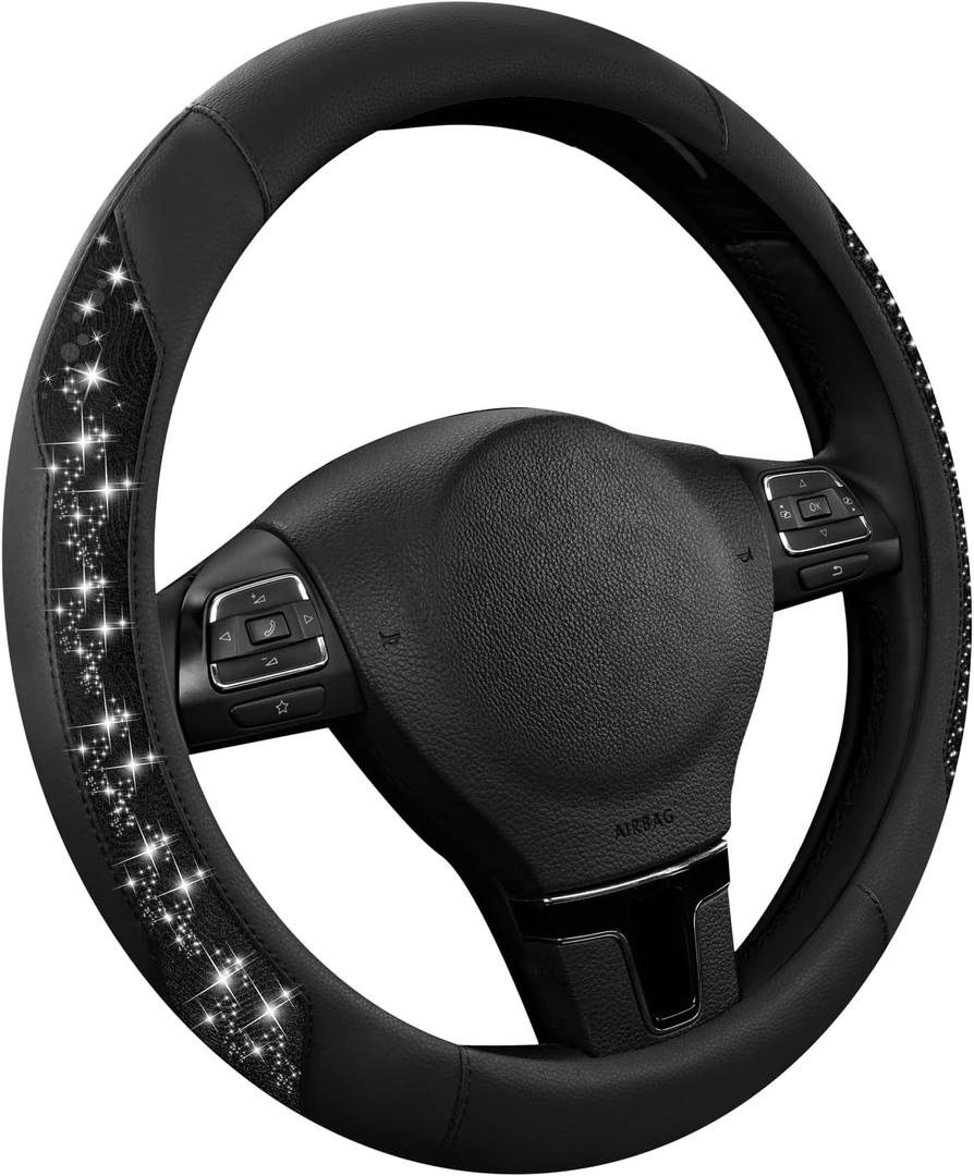 PIC AUTO Steering Wheel Cover, Black Sparkly Crystal Bling Glitter with Leather, Universal Fit 14.5"-15.5" Car Steering Wheels for Girls & Women, Anti-Slip Wheels Cover for Cars, Trucks, Van, SUVs