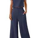 ZESICA Women's 2 Piece Outfits Linen Short Sleeve Crop Top and Wide Leg Pants Lounge Matching Set Tracksuits Trendy Clothes, Navy, Medium