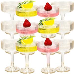 Jingmore 12 Pcs Ribbed Martini Glasses 7 oz Disposable Plastic Vintage Ribbed Coupe Glasses Cocktail Unbreakable Dessert Parfait Glassware for Wedding Birthday Party Supplies (Gold Powder)