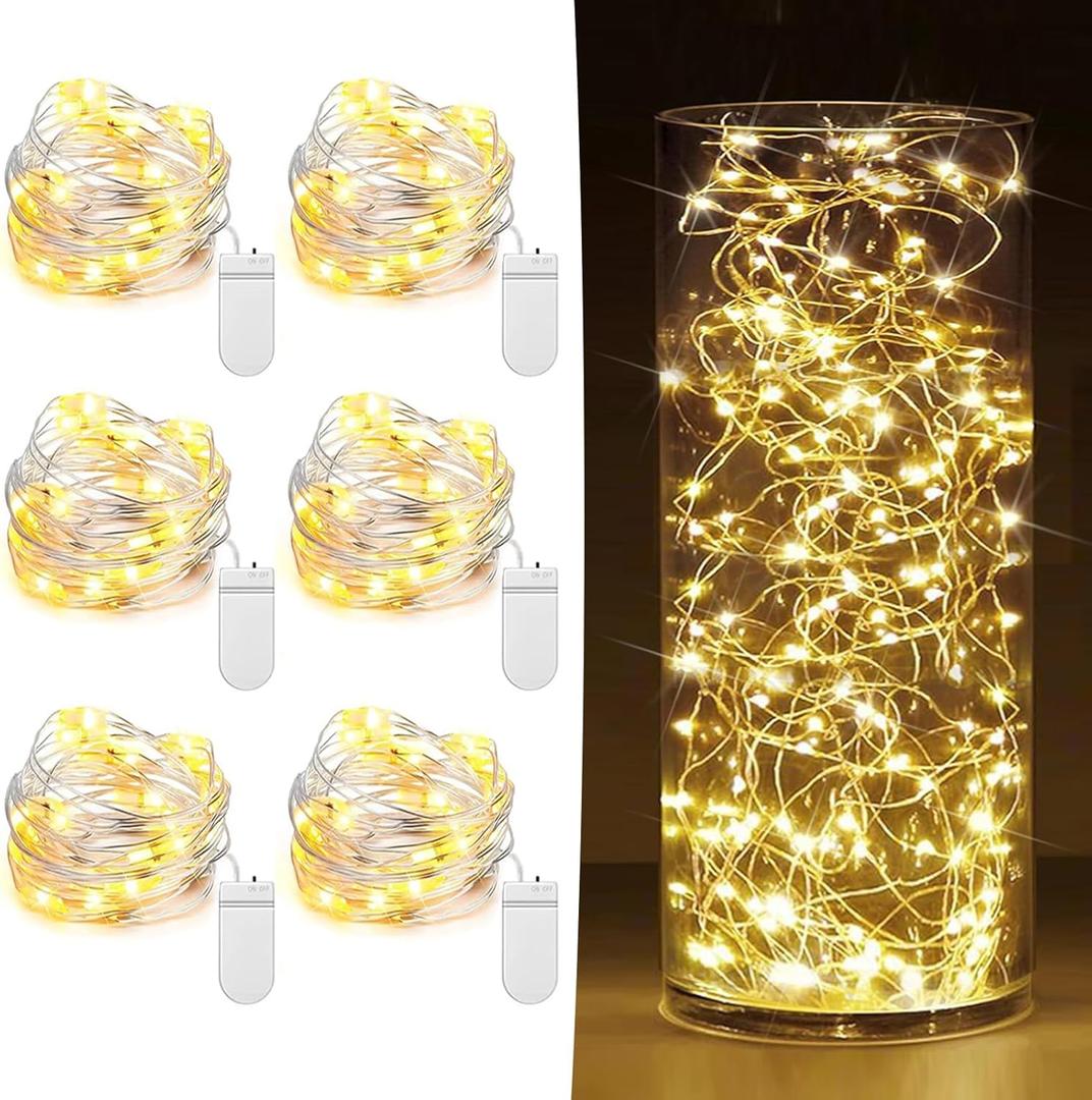 6 Pack Fairy Lights Battery Operated 7Ft 20 LED Mini String Lights Twinkle Lights Silver Wire Firefly Starry Moon Lights for Mason Jars Wedding Party Christmas Centerpiece Table Decorations, Warm White
