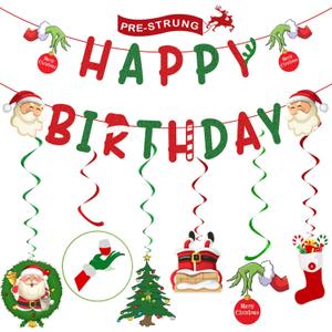 Christmas Birthday Party Decorations – Glittery Happy Birthday Banner, Christmas Hanging Swirls with Christmas Ornaments for Christmas Decorations, Christmas Birthday Decorations