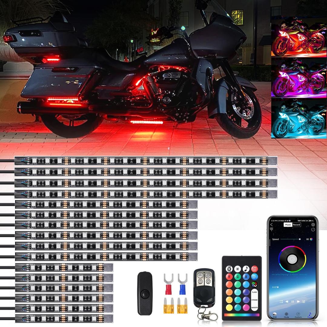 16PCS Segmented Motorcycle RGB LED Light Kits with Brake Turn Signal, Underglow Lights with APP/Dual Remote, Multicolor 12v Waterproof Underbody Neon Strips Lights for Harley Yamaha Suzuki
