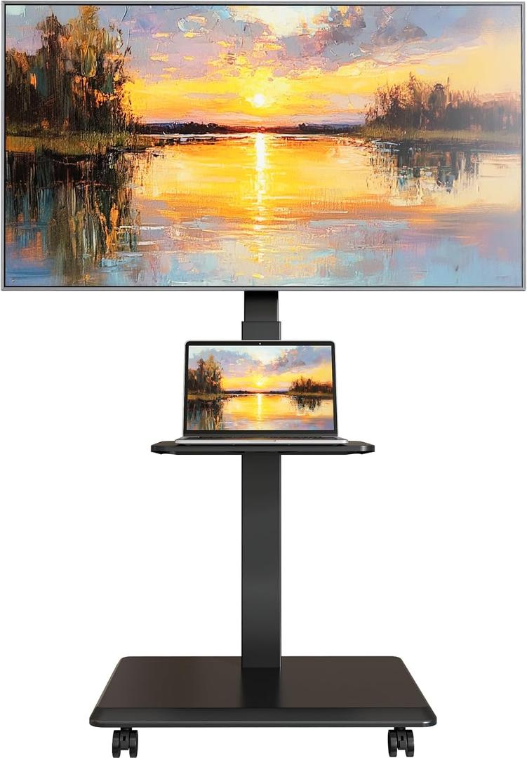 Steel Base Rolling TV Stand for 32-75 inch TVs up to 110 lbs, Leveling & Tilt & Swivel Mobile TV Stand with Hidden Wire Management, Height Adjustable Portable Tv Stand with Steel Shelf, Black