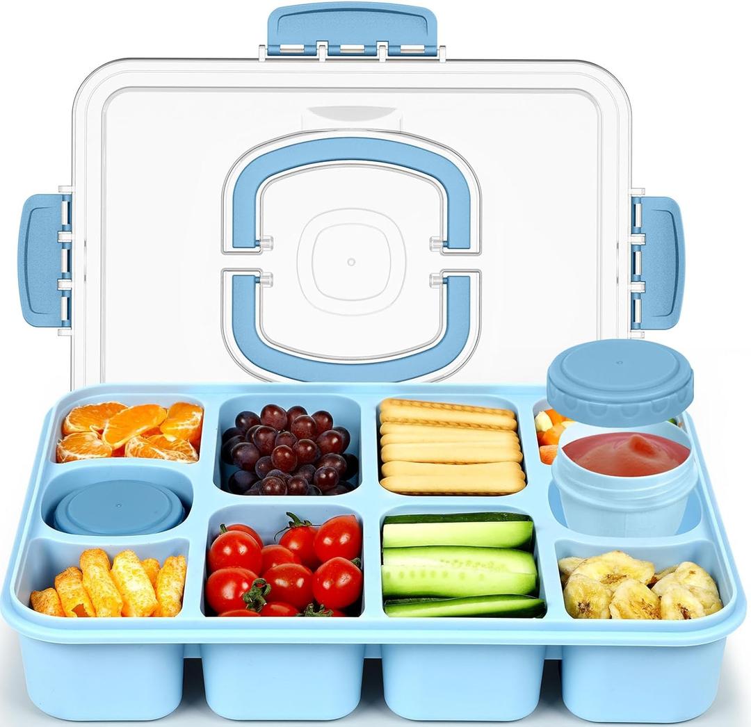 Caperci Original Snackle Box Container - 10-Compartment Divided Snack Serving Tray with Lid & Handle, Built-in 2 Dressing Containers, Leak-Proof, Dishwasher Safe, BPA-Free (Sky Blue)