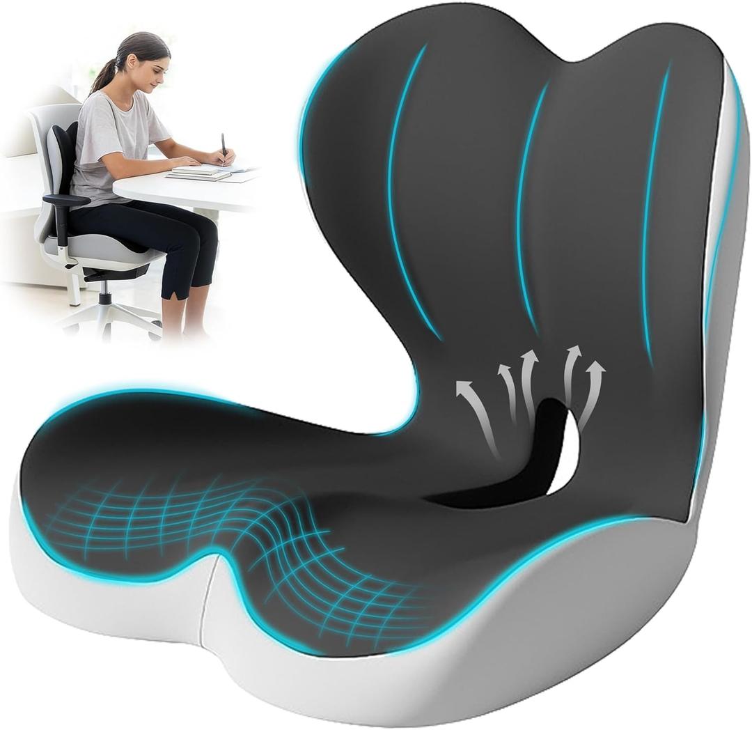 Seat Cushion for Office Chair and Car, Lumbar Support Pillow for Office Chair, Memory Foam Ergonomic Seat Cushion for Long Sitting, Back & Tailbone Pain, Sciatica - Dark Gray & Light Gray