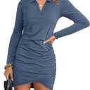 AUXDIO Women Bodycon Long Sleeve Dresses Casual V Neck Ruched Wrap 2026 Spring Fall Party Club Mini Dress (Blue, XL)
