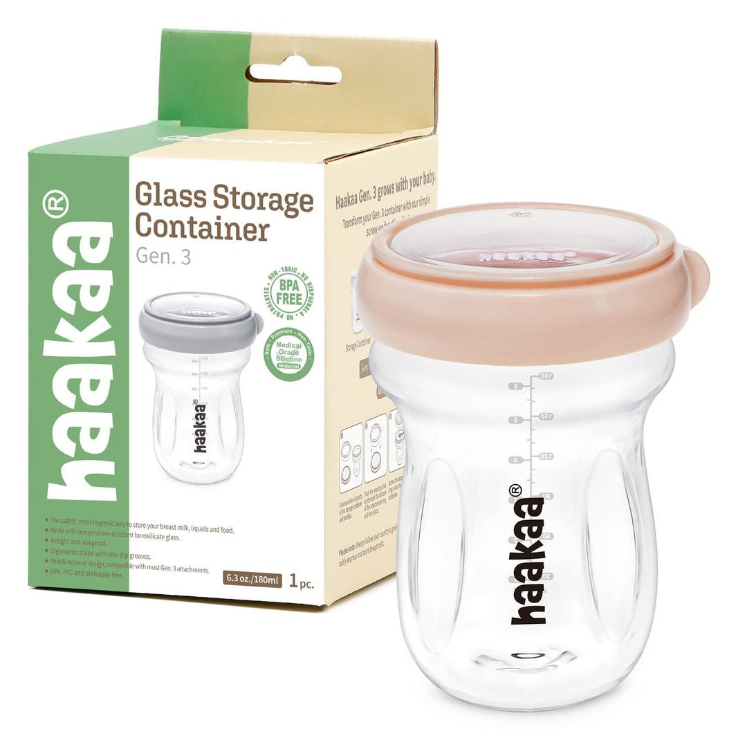 haakaa Glass Baby Food Storage Jar- Food Storage Container Airtight Lid-Wide Neck Gen.3 Baby Bottle -Leakproof BPA-Free 0m+ Newborn Babies(Peach, 6.3oz/180ml)