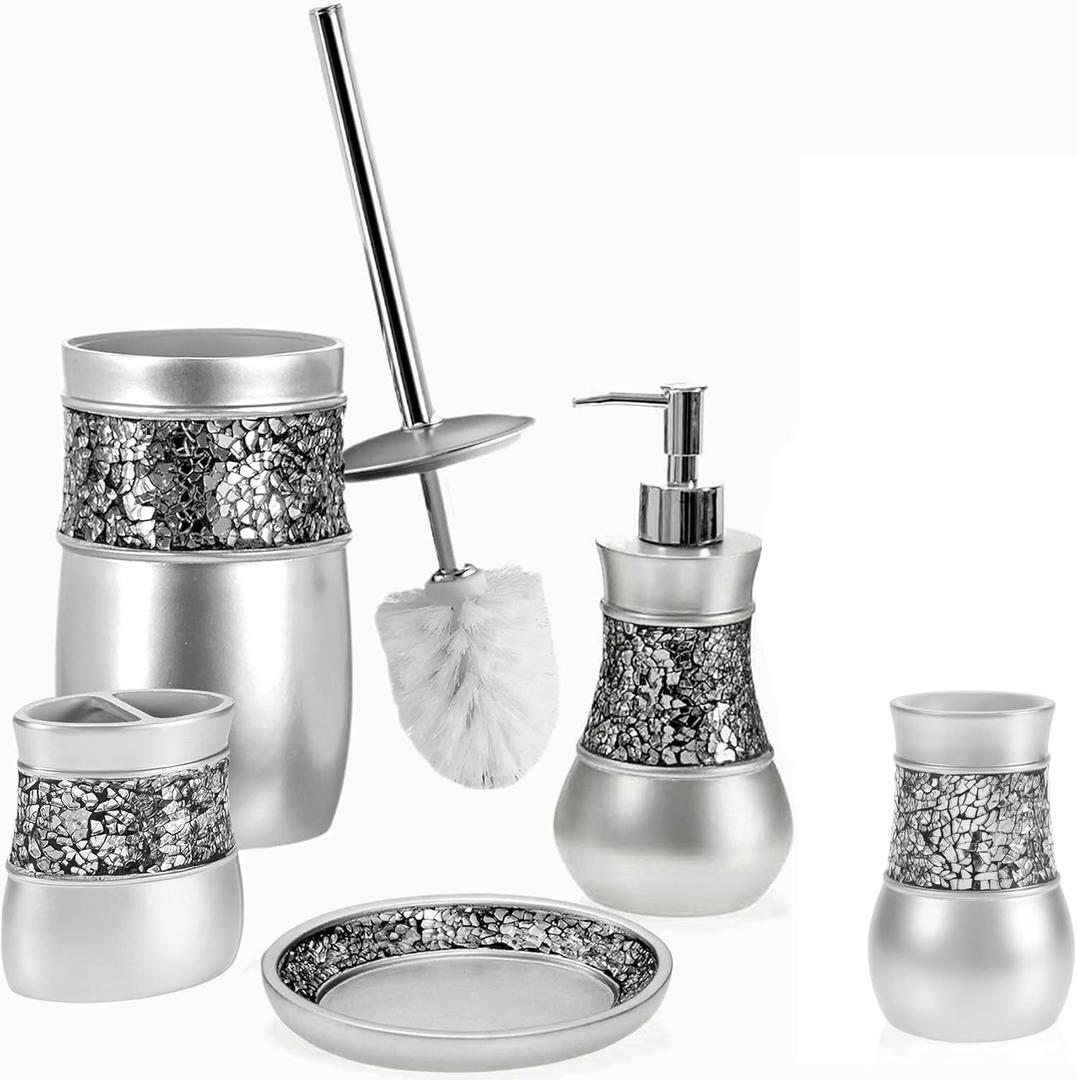 Crackled Glass Silver Bathroom Accessories Sets Complete - Toilet Brush and Holder, Soap Dispenser, Toothbrush Holder, Tumbler & Soap Dish