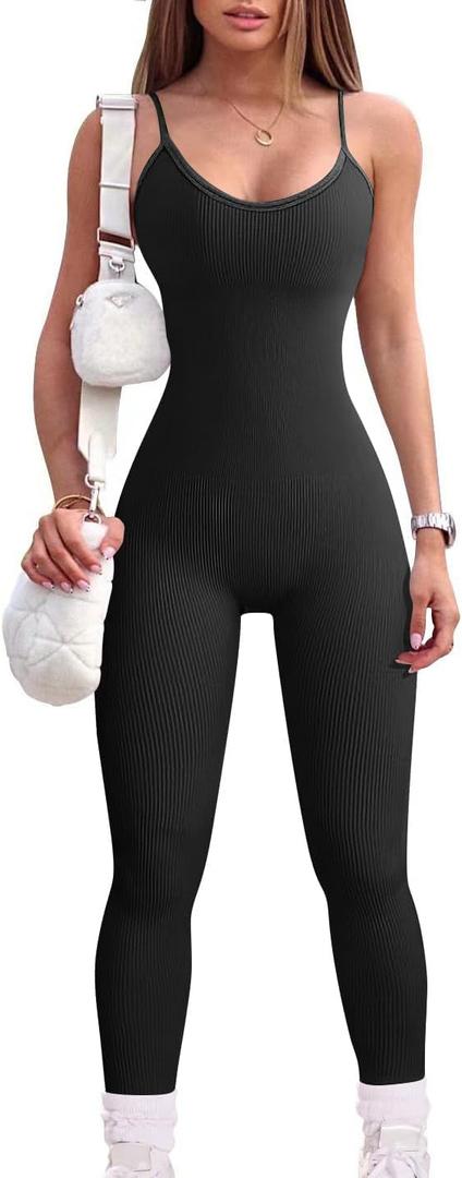 Women Workout Seamless Jumpsuit Yoga Ribbed Bodycon One Piece Spaghetti Strap Leggings Romper (Small, 01black)