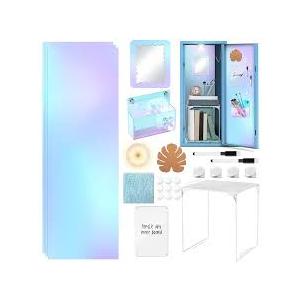 MotiMind 25 Pack Iridescent Locker Accessories, First Day of School Essentials with Locker Shelf, Locker Wallpaper, Mirror, LED Wireless Light, Pen Holder, Acrylic Magnetic Dry Erase Board, Locker Rug