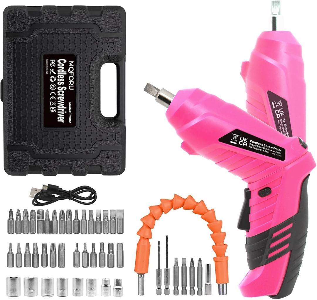 Cordless Power Screwdriver Electric Screwdriver Rechargeable Set, Battery Powered Screwdriver Kit Including 49pcs Bits, Pivoting Handle and LED Lights Small Drills Cordless (Pink)