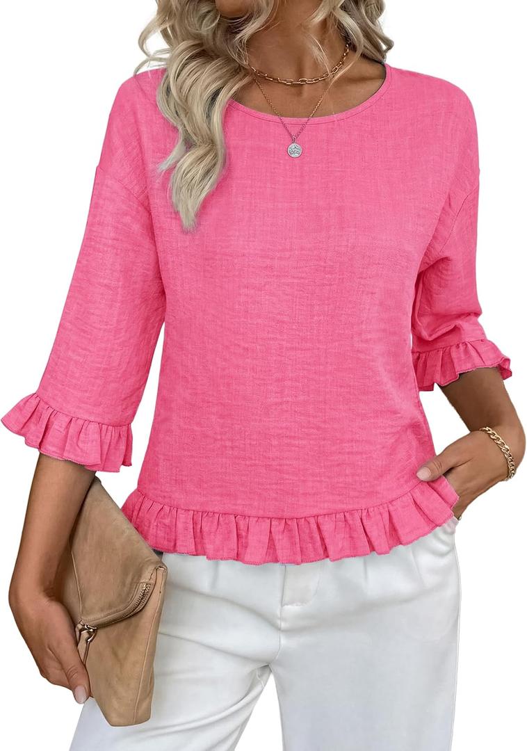siliteelon Womens 3/4 Sleeve Tops Summer Tshirts Ruffle Flowy Crew Neck Dressy Casual Blouses 2026 Trendy Cute Work Outfits