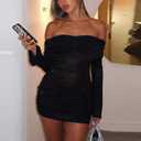 Uni Clau Women Sexy Off Shoulder Sparkly Mini Dresses Long Sleeve Bodycon Ruched Y2K Dress Mesh Birthday Party Club Dress (Small, 0625-black)