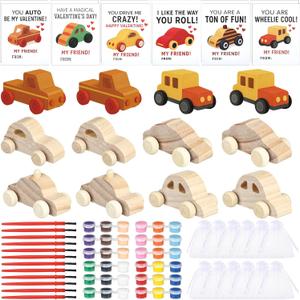 Skylety 60 Pcs Valentines Gifts Kids Paint Kits Unfinished Wooden Cars to Paint Craft Wood Car with Cards School Classroom Student Valentines Party Favor