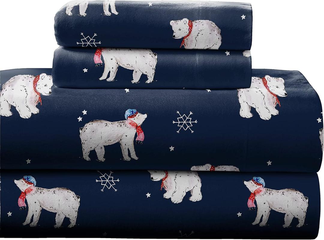 Pointehaven 180 GSM 100% Cotton Flannel Sheet Set - Queen, Snow Bear - Warm & Cozy - Pre-Shrunk -Deep Pockets - Elastic All Around-Comfy Double Brushed