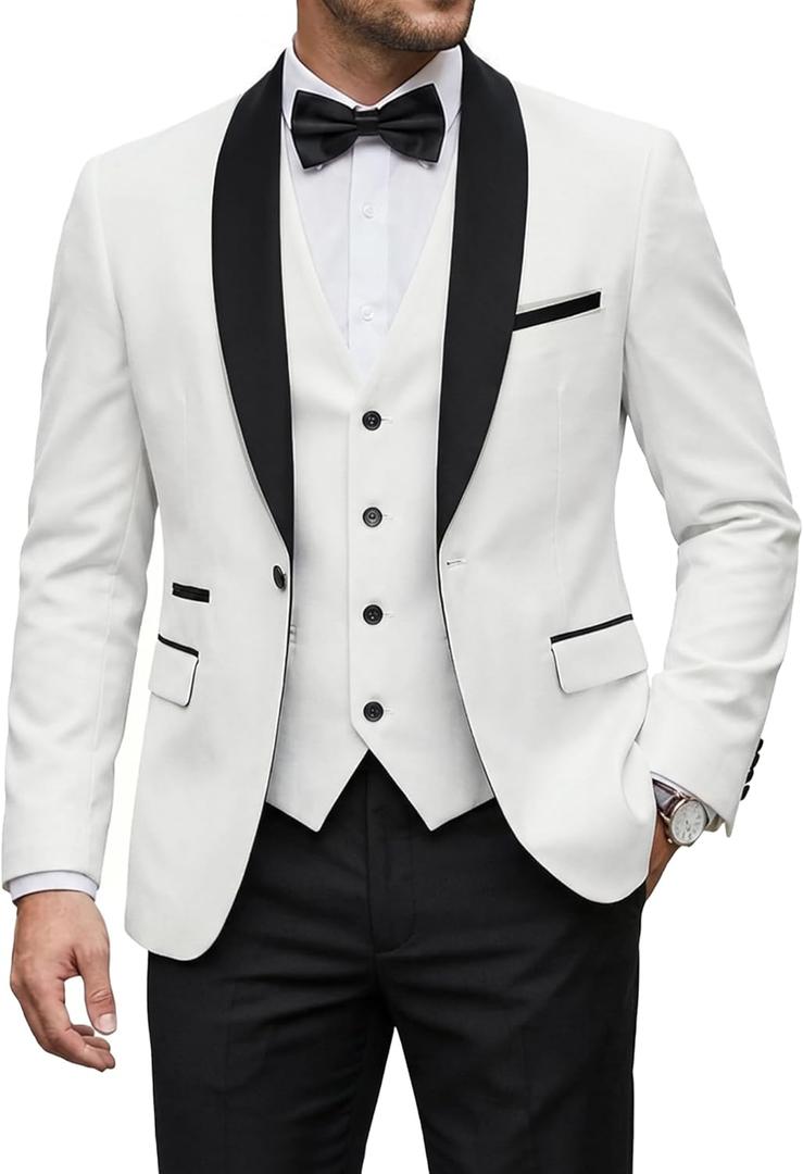 YND Men's 3 Piece Tuxedo Set with Bow Tie, Slim Fit One Button Shawl Lapel Suit Blazer Vest Pants, for Wedding Prom Dinners (Medium, Black Collar White)